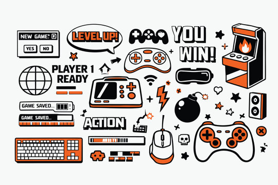 Retro gaming vector icons set, vintage video game elements in orange and black, arcade controllers and gaming hardware illustrations for esports