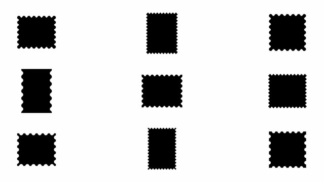 Set of nine black postage stamps with scalloped edges arranged in three rows
