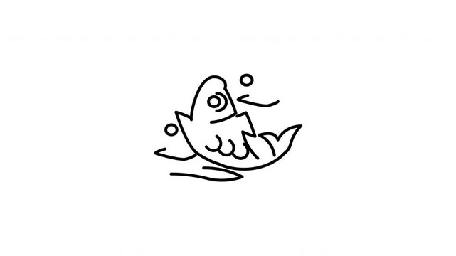 Minimalist outline animation of a lucky Chinese koi carp fish jumping in waves drawing on and fading out. Features a clean pop up style in 3 color setups.