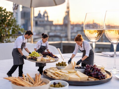 Preparaci&oacute;n de una mesa de comida en una terraza al atardecer con mesas y copas de vino cerca de una ciudad