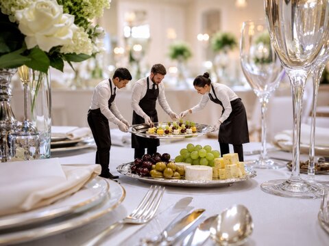 Meseros sirven aperitivos en un evento elegante en un sal&oacute;n de banquetes