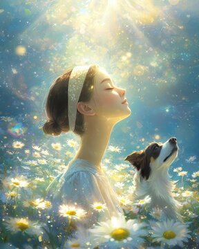 Serene Woman with Headband Surrounded by Daisies and Adorable Dog in Dreamy Light