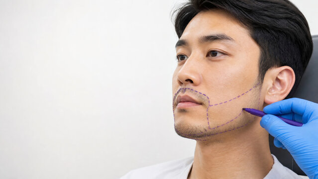 Facial Hair Transplant Planning and Beard Line Design on Asian Man