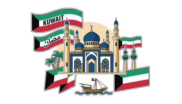 Collage of Kuwaiti national symbols featuring the country flag, a grand mosque, traditional dhow boat, and palm trees for cultural theme.
