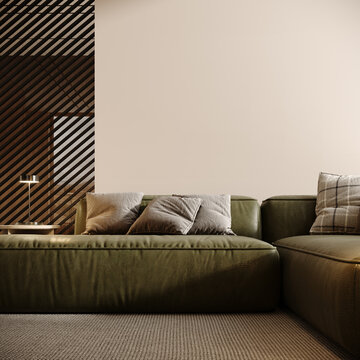 Modern interior design of living room with green leather sofa and empty white wall background. 3D Rendering, 3D Illustration