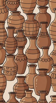 Artisan clay vessels in earthy browns and subtle patterns, a charming hand-drawn pottery tapestry.