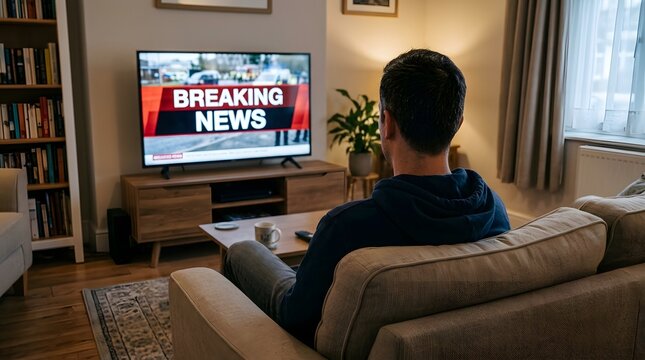 Individual at home attentively watching a crucial news report on a large television screen in their cozy living room, staying informed about current events unfolding globally