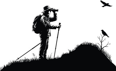 Bird watching hiker with binoculars and trekking poles on grassy hill black silhouette isolated on white background