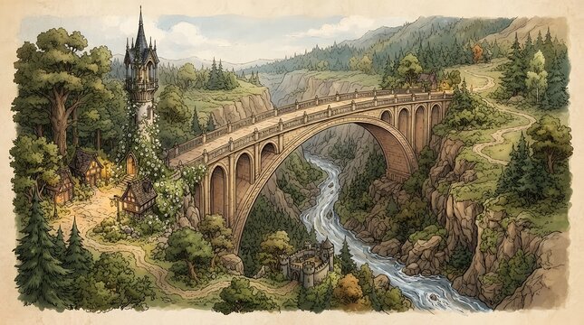 Storybook fantasy map of an elegant Elven arched stone bridge and a watchtower covered in white roses, textless and borderless.
