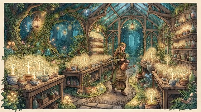 Beautiful fantasy illustration of an Elven tree nursery with glowing white tree saplings and a druid elf, without any text or borders.