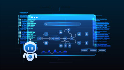 Fototapeta premium AI workflow automation flow process with ai agent assistant, ai diagram, coding, data flow and automation processing.