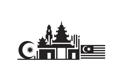 Naklejka premium Black silhouette cityscape of Malaysia featuring traditional temple architecture combined with the national flag and crescent moon.