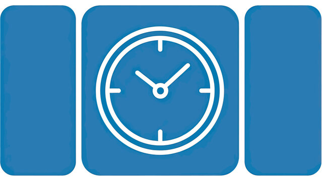 Minimalist clock face icon on a blue background with side panels