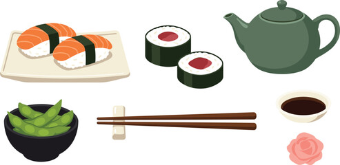 Japanese Sushi and Food Vector Element Set Featuring Nigiri Maki Teapot Edamame Bowl Chopsticks Soy Sauce and Ginger Illustrations © Ruhul