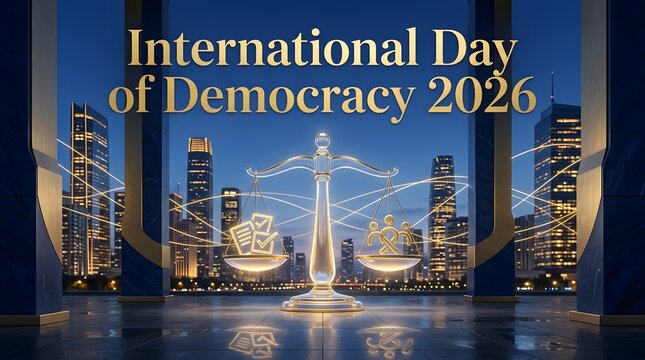 International Day of Democracy 2026 Golden justice scale symbolizing balance for democracy 2026