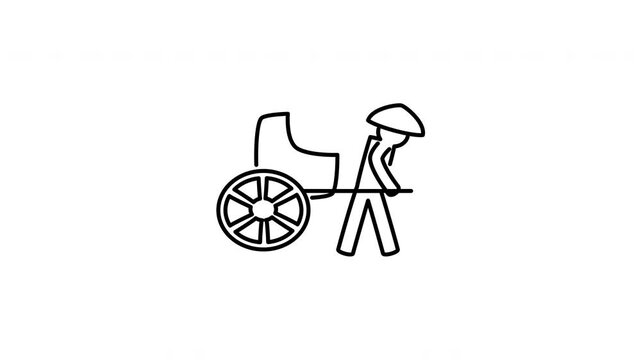 Minimalist outline animation of a traditional ancient Chinese two-wheel passenger rickshaw with a puller drawing on and fading out. Features 3 color setups.