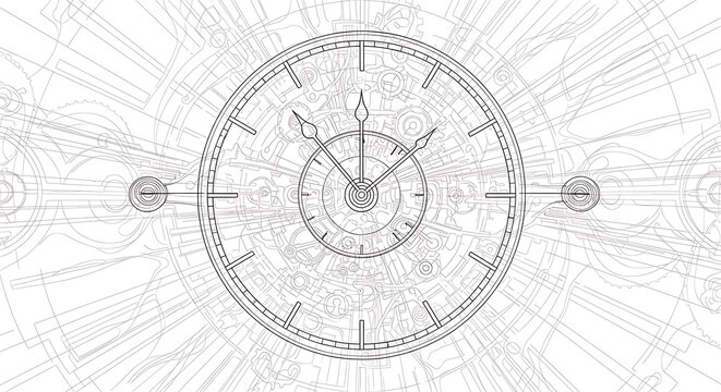 Detailed Mechanical Clock Face with Intricate Gear Line Art on White Background