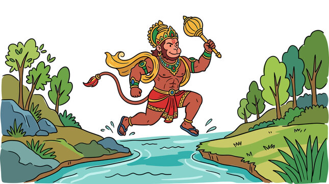 Mythological monkey deity jumping over a river in a vibrant outdoor scenery with lush greenery and rocks