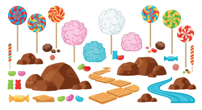 Candy land landscape elements set, colorful sweets and chocolate mountains vector, gingerbread path and cotton candy trees for game design