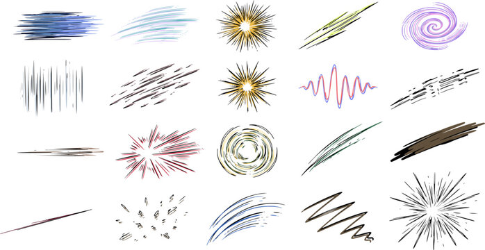 Hand drawn comic effect elements collection featuring speed lines, brush strokes, sparkles, starbursts, explosion effects, energy waves, swirls, motion graphics, and decorative accent shapes. Colorful
