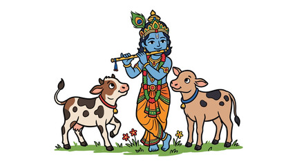 Fototapeta premium Traditional Hindu deity playing flute with cows in a colorful and detailed cartoon illustration