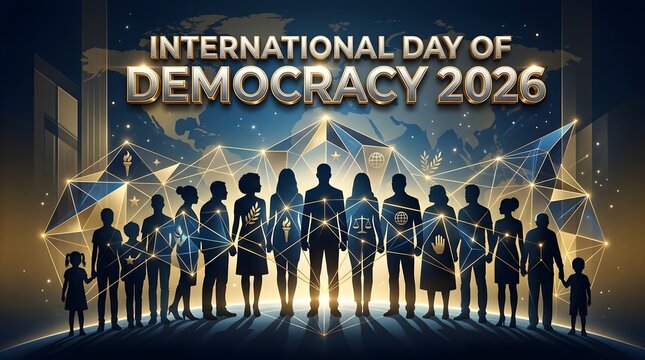 International Day of Democracy 2026 Silhouette poster with torch scale and globe equality icons
