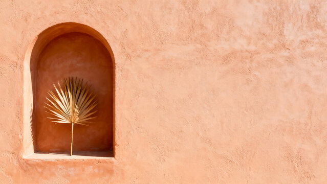 Terracotta Arched Wall and Dried Palm Leaf Background
