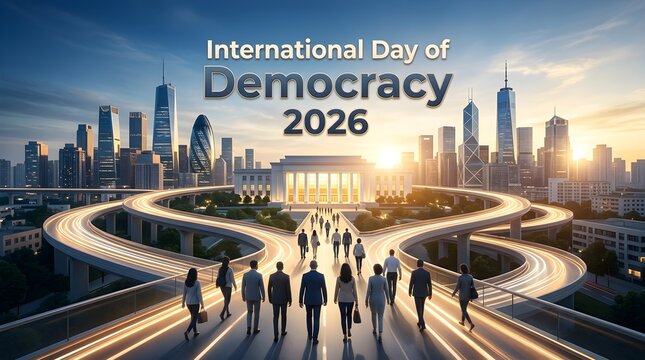 International Day of Democracy 2026 Citizens walking toward civic memorial with winding city roads