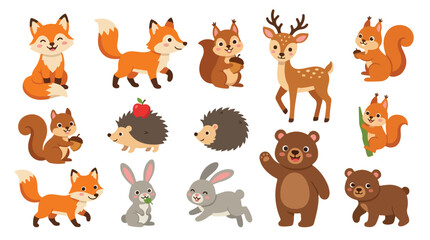 Obraz premium Collection of cute forest animals including foxes, deer, hedgehog, bear, and rabbit