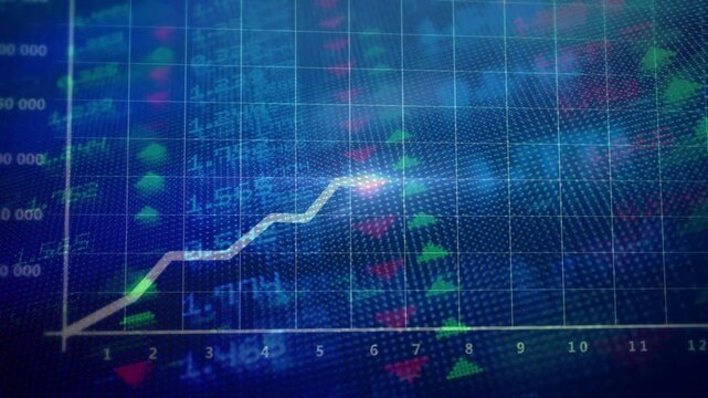 Glowing upward trending arrow graph on a blue digital dotted background, visualizing financial success, economic growth, and rising market trends.