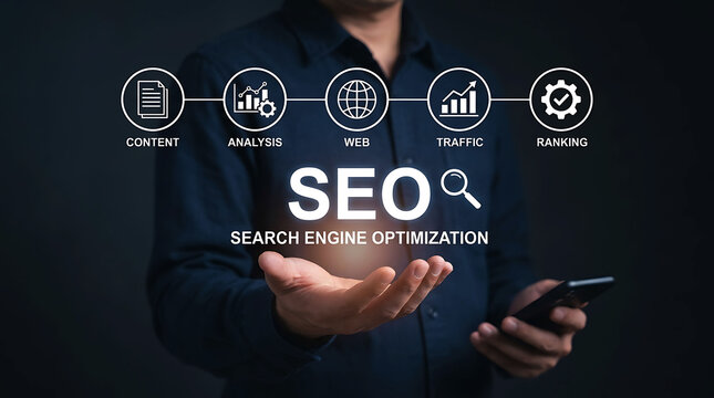 SEO Search Engine Optimization Concept Businessman Holding Digital Icons