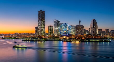 Naklejka premium Illuminated Waterfront Skyline Reflecting at Dusk in Yokohama Minato Mirai