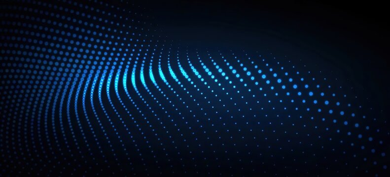 Glowing Blue Dotted Wave Curves Dark Background Digital Particle Flow Sound Wave Pattern 3D Dot Matrix