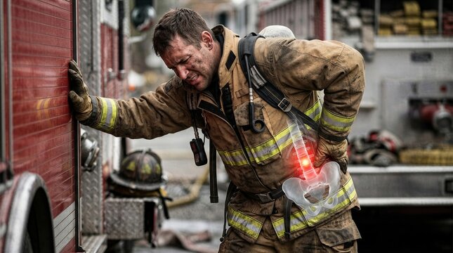 Firefighter suffering from lower back pain after emergency work. Man in protective gear leaning against fire truck with highlighted lumbar skeleton area. Medical health care concept.