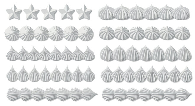 White whipped cream swirls and frosting borders, decorative cake icing piping set, sweet meringue and dairy cream vector elements for bakery design
