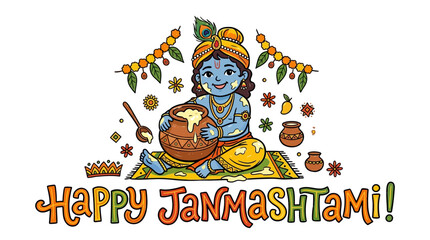 Fototapeta premium Celebration of Janmashtami with a cheerful Krishna figure surrounded by traditional decorations and vibrant motifs