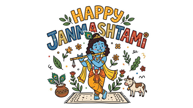 Colorful and Festive Happy Janmashtami Celebration Illustration featuring Lord Krishna Flute Playing and Joyful Decor