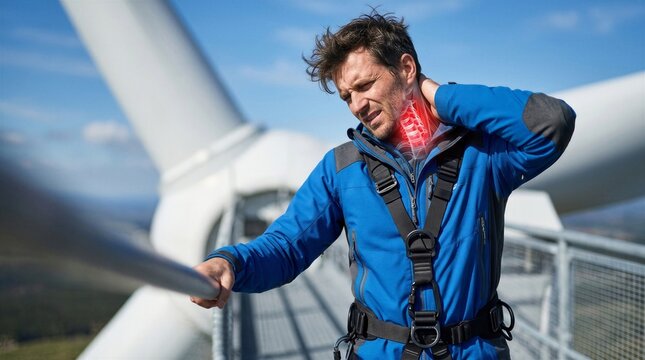 Man technician feeling neck pain while working on wind turbine platform. Wind farm engineer suffering from injury or muscle strain during maintenance. Industrial health and safety concept.