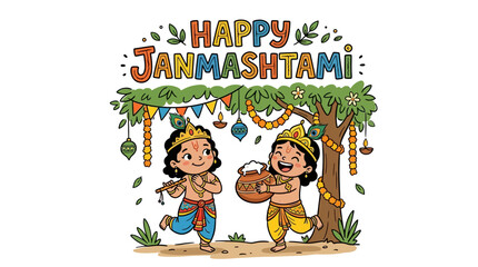 Fototapeta premium Colorful and festive Janmashtami celebration illustration featuring children in traditional attire under decorated tree