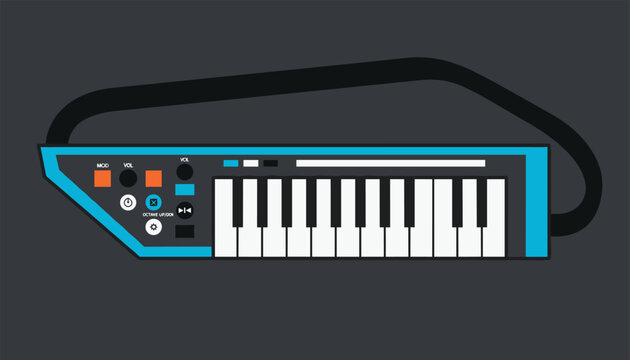 Retro blue keytar synthesizer instrument with keyboard keys and various controller buttons on a dark background.