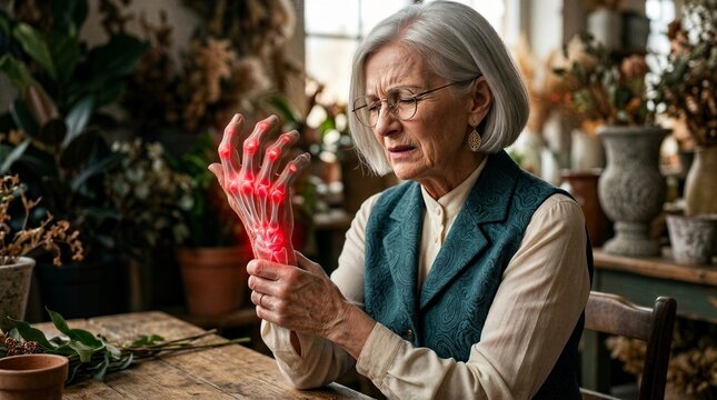 Senior woman feeling pain in hand from arthritis. Medical visualization of inflammation in joints. Chronic health issue and osteoporosis concept. Aging and healthcare problems in elderly.