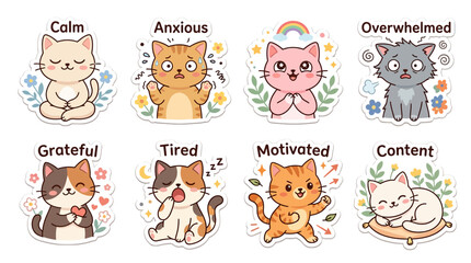 Fototapeta premium Collection of eight adorable cartoon cats expressing various emotions and feelings.
