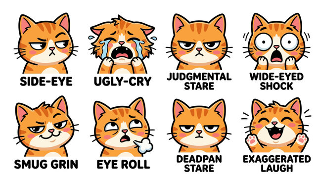 Collection of eight expressive cartoon ginger cat faces depicting various emotions and reactions.