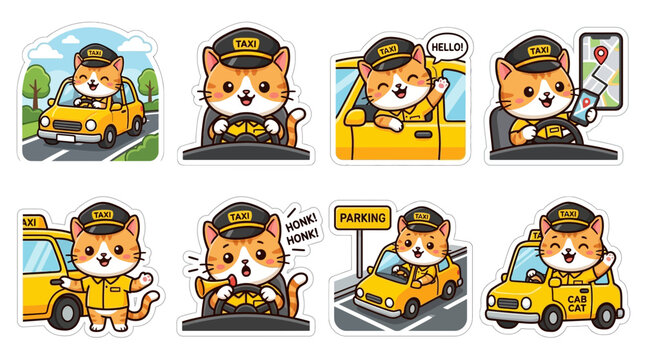Cute Cat Taxi Driver Cartoon Sticker Set with Various Poses and Expressions.