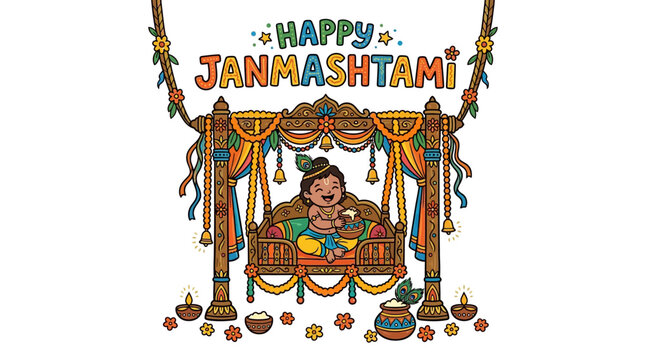 colorful joyous celebration of janmashtami with traditional decorations and a playful child on a swing for cultural festivities
