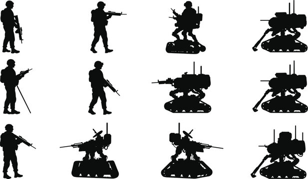 Vector silhouettes of soldiers with rifles and unmanned ground vehicles, military robots with mounted guns, army combat training, battlefield defense, and war technology illustration