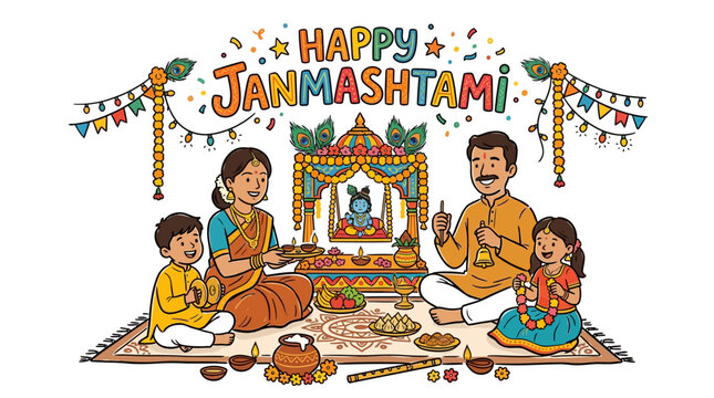 Colorful and joyful hyderabadi family celebrating janmashtami with traditional decorations and festivities