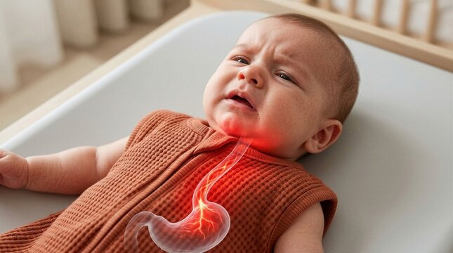 Crying baby with acid reflux illustration. Infant suffering from gastroesophageal disease. Digestion problem, stomach pain and heartburn. Pediatric health, medical diagnostic concept.