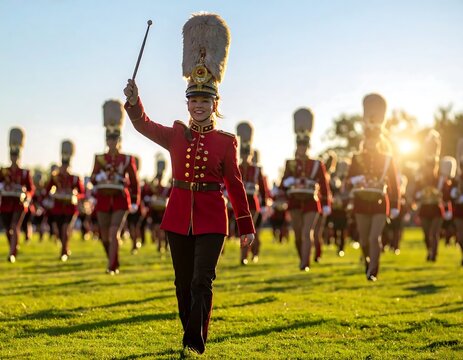 Smiling Young Drum Major Leading Marching Band on Sunny Football Field