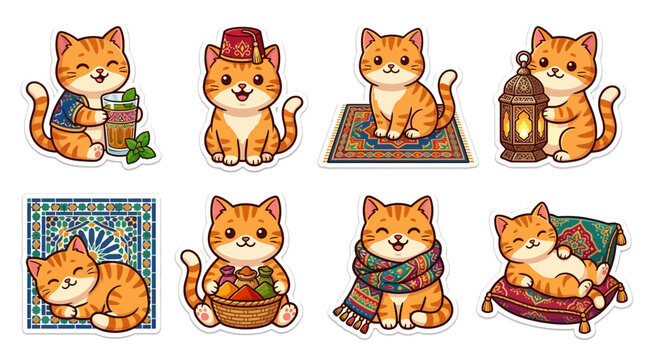 Adorable collection of cute cartoon ginger cats in various poses and settings.